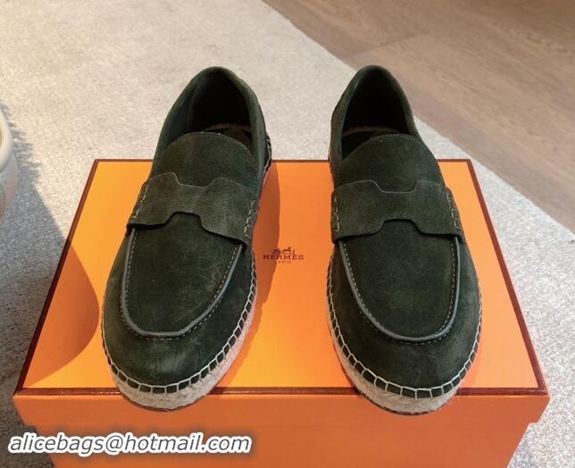 Luxury Discount Hermes Trip Espadrilles Flat in Suede Dark Green 907059