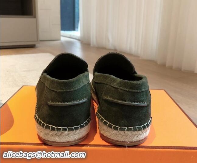 Luxury Discount Hermes Trip Espadrilles Flat in Suede Dark Green 907059