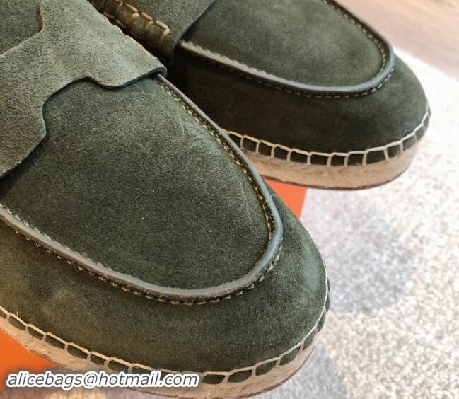 Luxury Discount Hermes Trip Espadrilles Flat in Suede Dark Green 907059