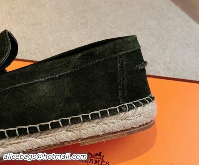 Luxury Discount Hermes Trip Espadrilles Flat in Suede Dark Green 907059