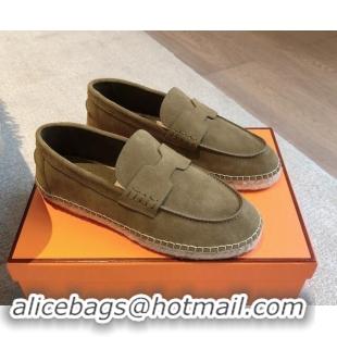 Duplicate Hermes Trip Espadrilles Flat in Suede Khaki 907060