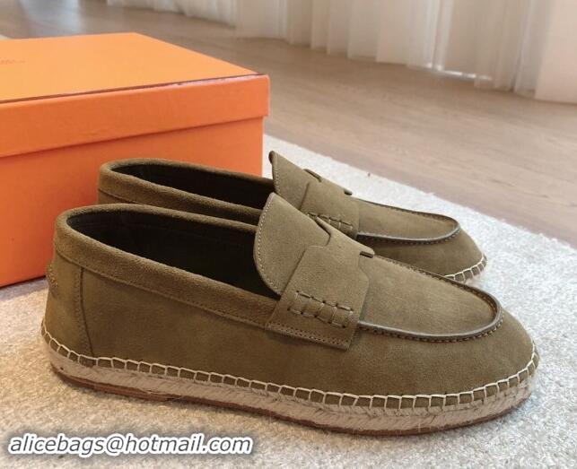 Duplicate Hermes Trip Espadrilles Flat in Suede Khaki 907060