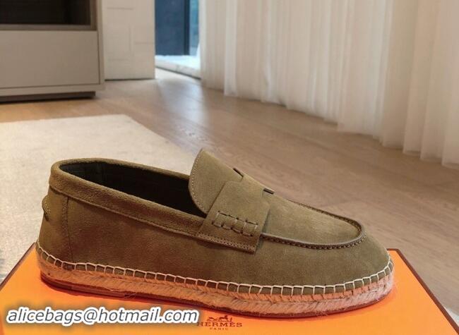 Duplicate Hermes Trip Espadrilles Flat in Suede Khaki 907060