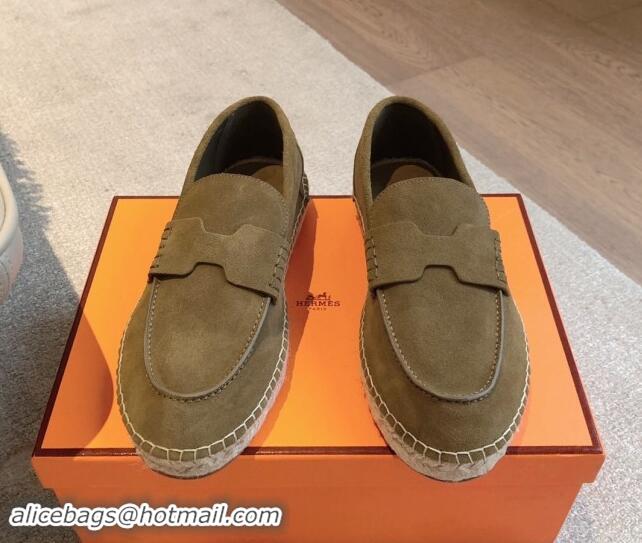 Duplicate Hermes Trip Espadrilles Flat in Suede Khaki 907060