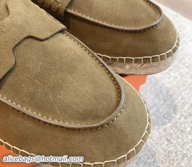 Duplicate Hermes Trip Espadrilles Flat in Suede Khaki 907060