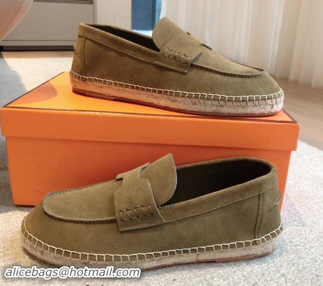 Duplicate Hermes Trip Espadrilles Flat in Suede Khaki 907060