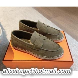 AAAAA Hermes Trip Espadrilles Flat in Suede Khaki Green 907061