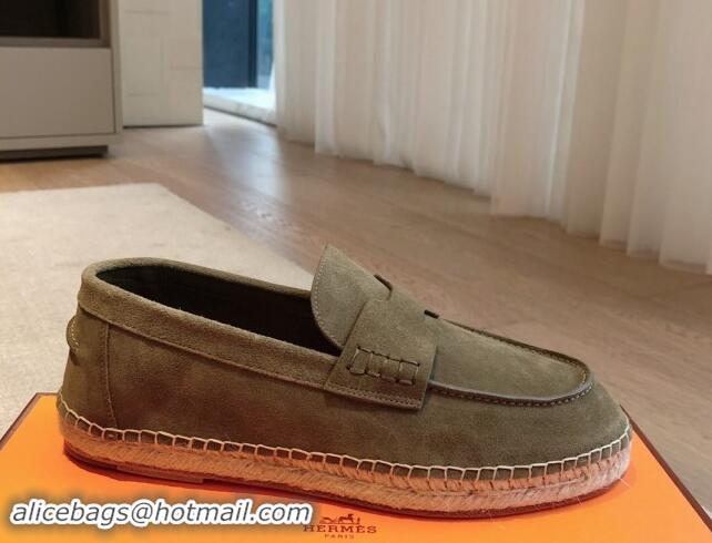 AAAAA Hermes Trip Espadrilles Flat in Suede Khaki Green 907061