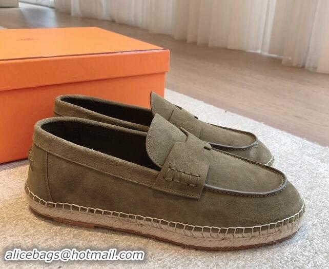 AAAAA Hermes Trip Espadrilles Flat in Suede Khaki Green 907061