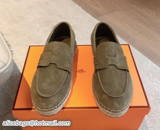 AAAAA Hermes Trip Espadrilles Flat in Suede Khaki Green 907061