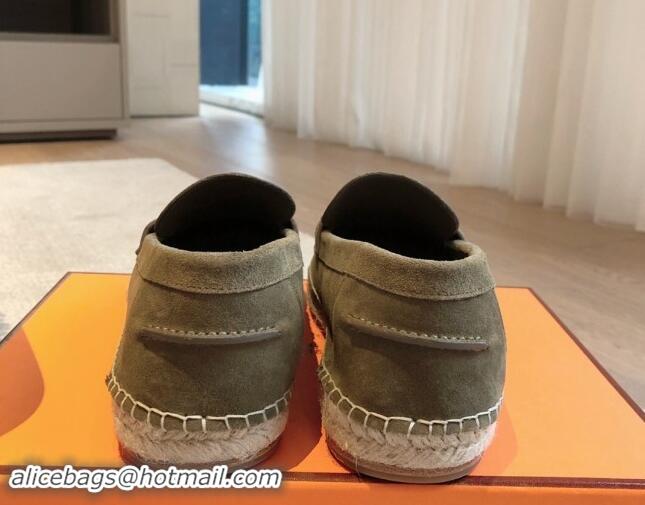 AAAAA Hermes Trip Espadrilles Flat in Suede Khaki Green 907061