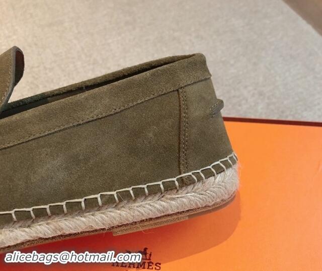 AAAAA Hermes Trip Espadrilles Flat in Suede Khaki Green 907061