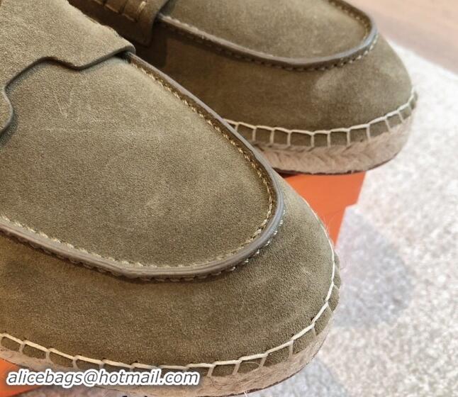 AAAAA Hermes Trip Espadrilles Flat in Suede Khaki Green 907061