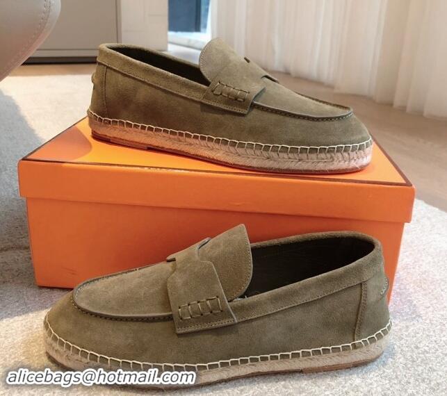 AAAAA Hermes Trip Espadrilles Flat in Suede Khaki Green 907061