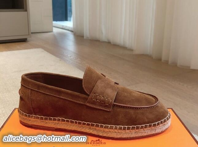 Top Quality Hermes Trip Espadrilles Flat in Suede Brown 907062