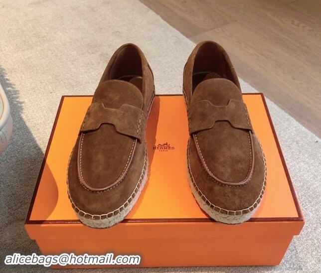 Top Quality Hermes Trip Espadrilles Flat in Suede Brown 907062