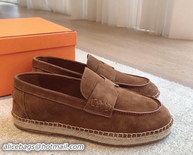 Top Quality Hermes Trip Espadrilles Flat in Suede Brown 907062