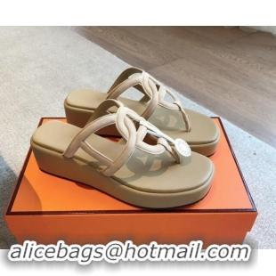 Buy Duplicate Hermes Egerie Wedge Thong Slide Sandals in Suede Beige 907063