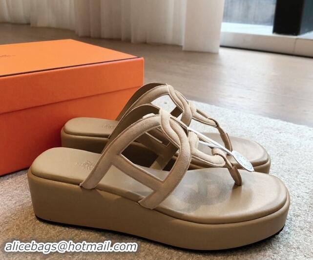 Buy Duplicate Hermes Egerie Wedge Thong Slide Sandals in Suede Beige 907063