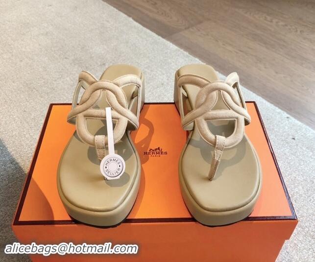 Buy Duplicate Hermes Egerie Wedge Thong Slide Sandals in Suede Beige 907063