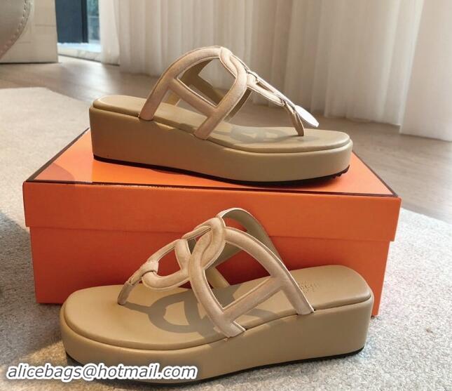 Buy Duplicate Hermes Egerie Wedge Thong Slide Sandals in Suede Beige 907063