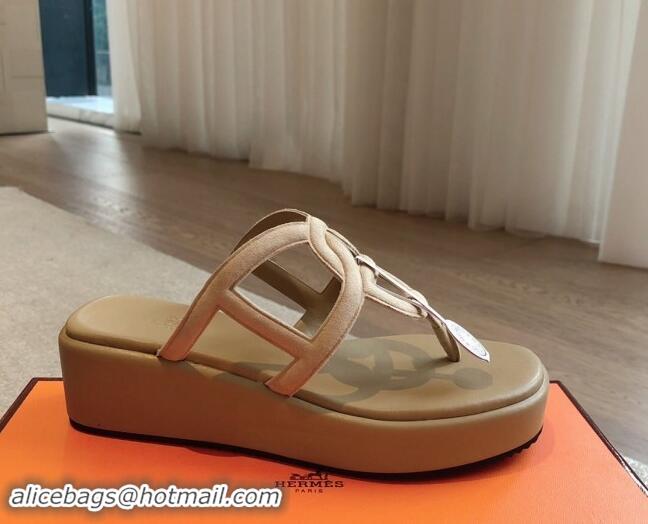 Buy Duplicate Hermes Egerie Wedge Thong Slide Sandals in Suede Beige 907063