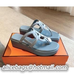 Buy Duplicate Hermes Egerie Wedge Thong Slide Sandals in Suede Dusty Blue 907064