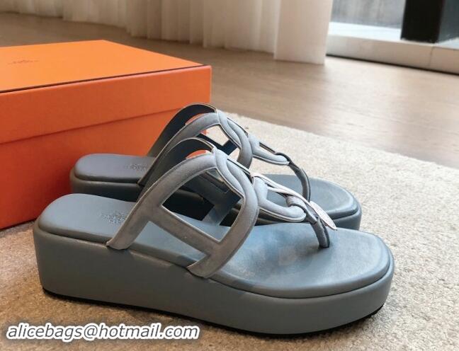 Buy Duplicate Hermes Egerie Wedge Thong Slide Sandals in Suede Dusty Blue 907064