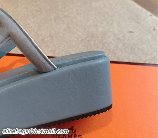 Buy Duplicate Hermes Egerie Wedge Thong Slide Sandals in Suede Dusty Blue 907064