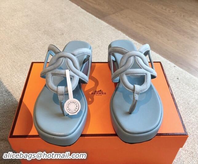 Buy Duplicate Hermes Egerie Wedge Thong Slide Sandals in Suede Dusty Blue 907064