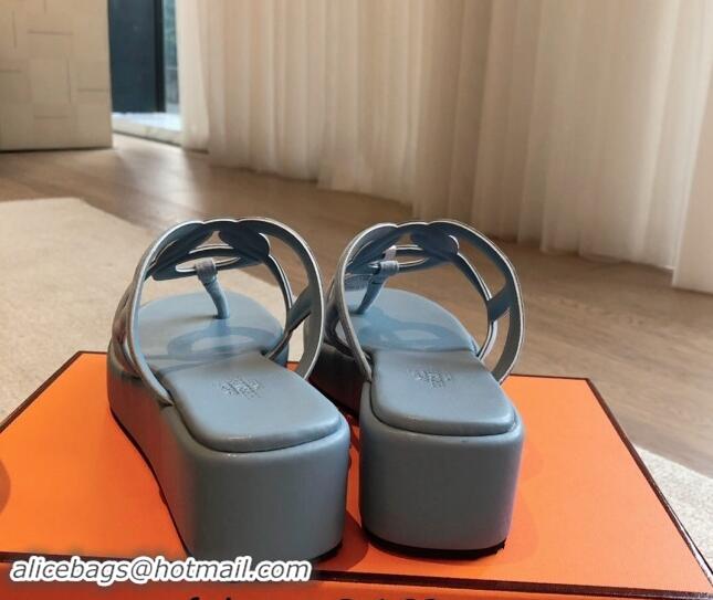 Buy Duplicate Hermes Egerie Wedge Thong Slide Sandals in Suede Dusty Blue 907064