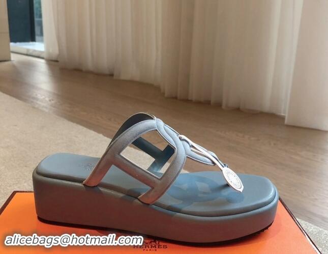 Buy Duplicate Hermes Egerie Wedge Thong Slide Sandals in Suede Dusty Blue 907064