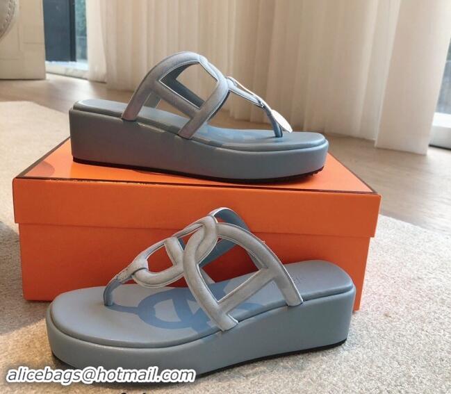 Buy Duplicate Hermes Egerie Wedge Thong Slide Sandals in Suede Dusty Blue 907064