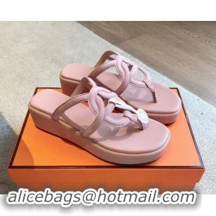 Stylish Hermes Egerie Wedge Thong Slide Sandals in Suede Light Pink 907065