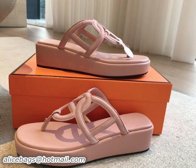 Stylish Hermes Egerie Wedge Thong Slide Sandals in Suede Light Pink 907065