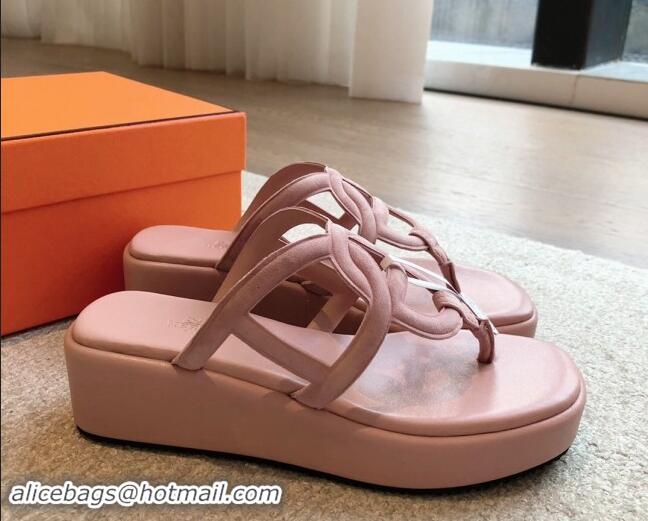 Stylish Hermes Egerie Wedge Thong Slide Sandals in Suede Light Pink 907065