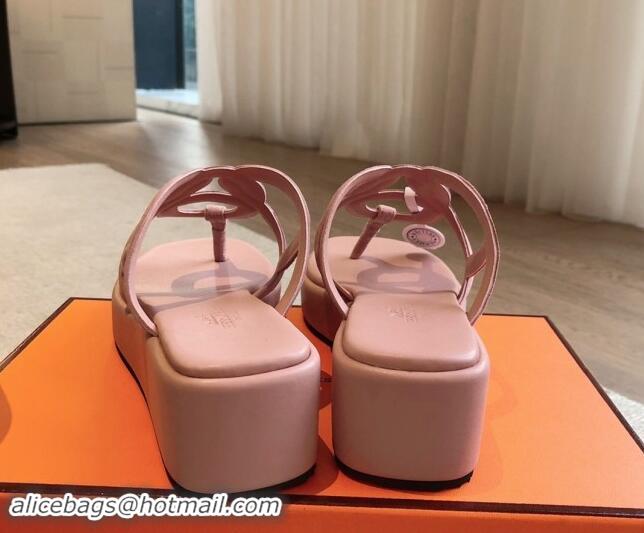 Stylish Hermes Egerie Wedge Thong Slide Sandals in Suede Light Pink 907065