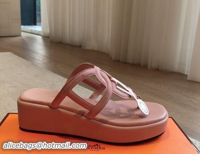 Stylish Hermes Egerie Wedge Thong Slide Sandals in Suede Light Pink 907065