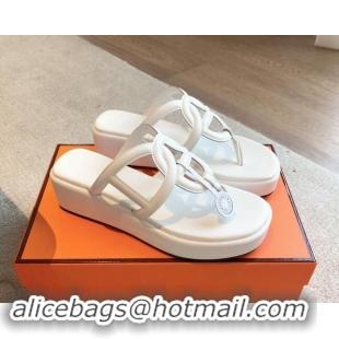 Super Quality Hermes Egerie Wedge Thong Slide Sandals in Nappa Calfskin White 907066