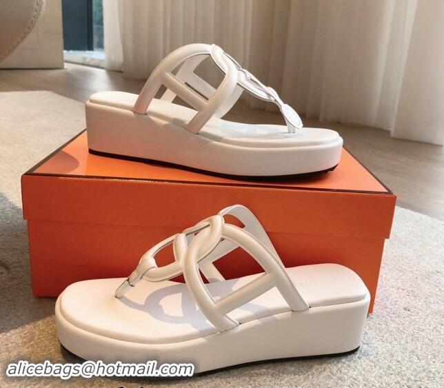 Super Quality Hermes Egerie Wedge Thong Slide Sandals in Nappa Calfskin White 907066