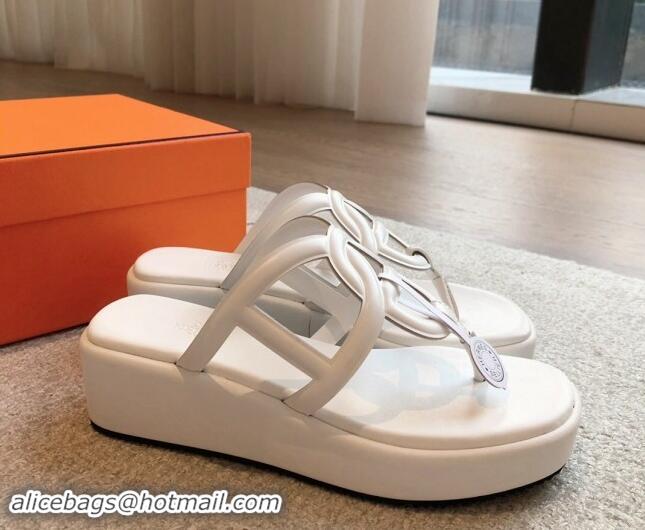 Super Quality Hermes Egerie Wedge Thong Slide Sandals in Nappa Calfskin White 907066