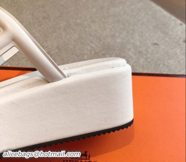 Super Quality Hermes Egerie Wedge Thong Slide Sandals in Nappa Calfskin White 907066