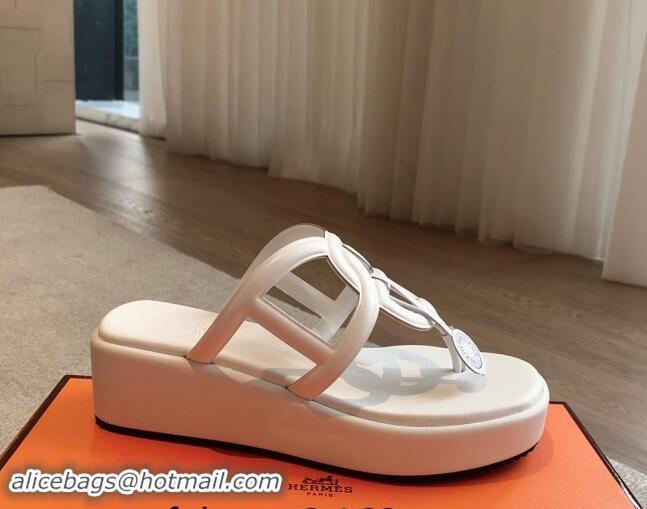 Super Quality Hermes Egerie Wedge Thong Slide Sandals in Nappa Calfskin White 907066