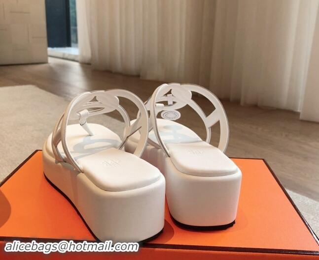 Super Quality Hermes Egerie Wedge Thong Slide Sandals in Nappa Calfskin White 907066