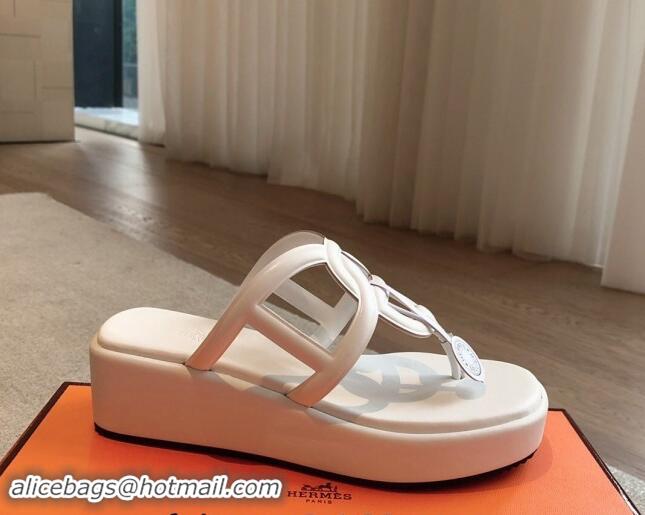 Super Quality Hermes Egerie Wedge Thong Slide Sandals in Nappa Calfskin White 907066