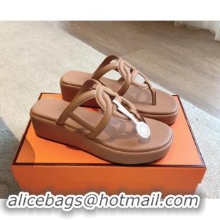 Duplicate Hermes Egerie Wedge Thong Slide Sandals in Nappa Calfskin Light Brown 907067