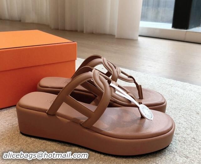 Duplicate Hermes Egerie Wedge Thong Slide Sandals in Nappa Calfskin Light Brown 907067