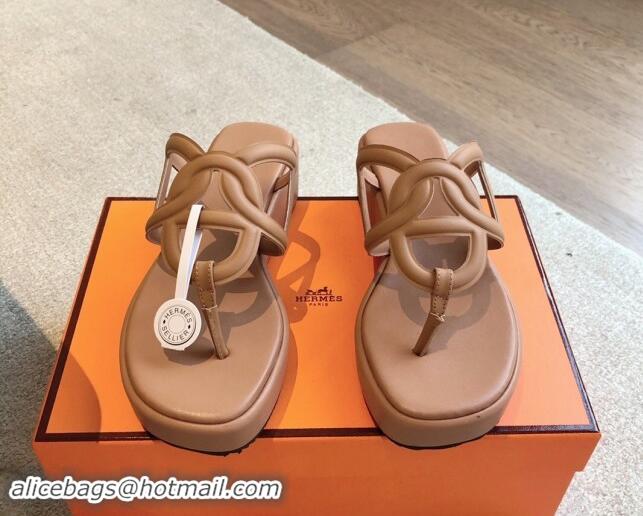 Duplicate Hermes Egerie Wedge Thong Slide Sandals in Nappa Calfskin Light Brown 907067