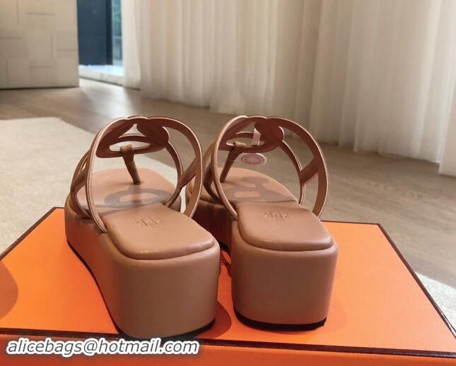 Duplicate Hermes Egerie Wedge Thong Slide Sandals in Nappa Calfskin Light Brown 907067