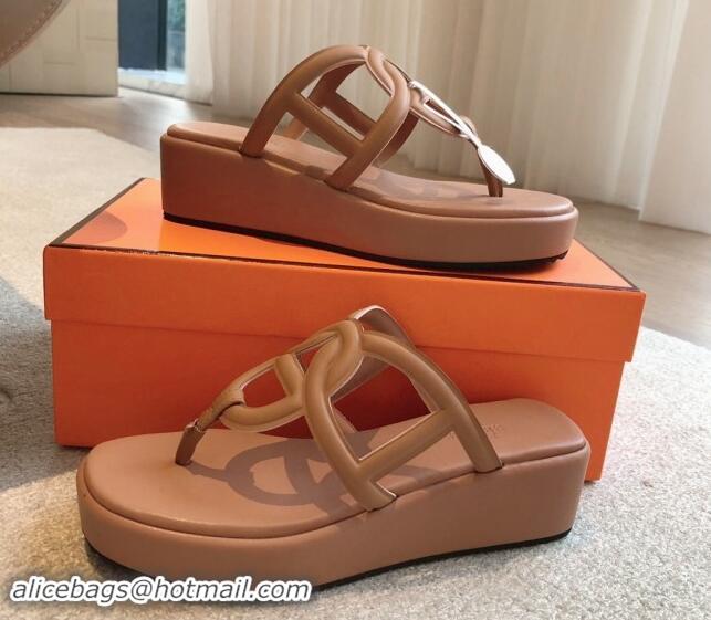 Duplicate Hermes Egerie Wedge Thong Slide Sandals in Nappa Calfskin Light Brown 907067